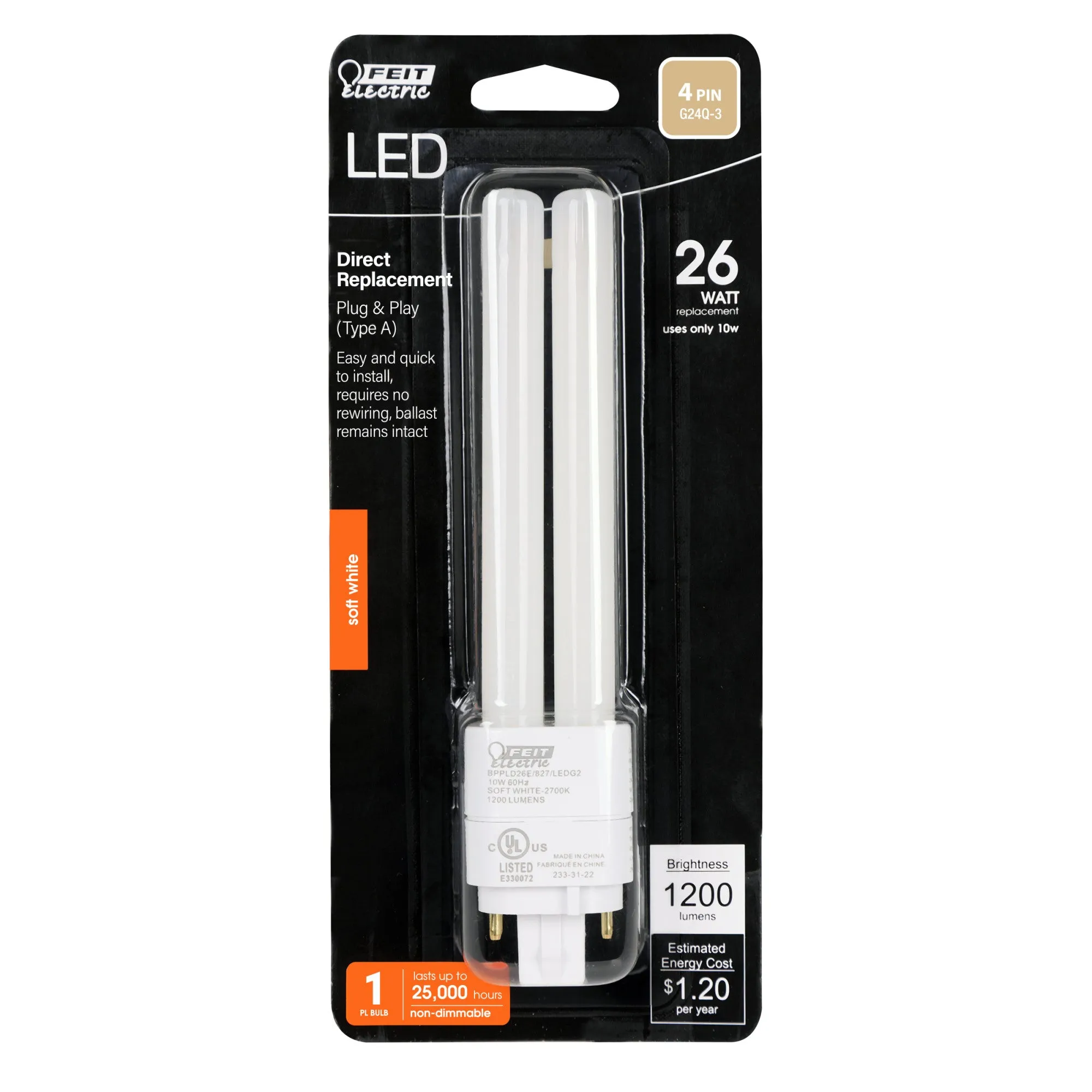 10W (26W Replacement) Soft White (2700K) G24Q 4 PIN Direct Replacement (Type A) LED PL Bulb