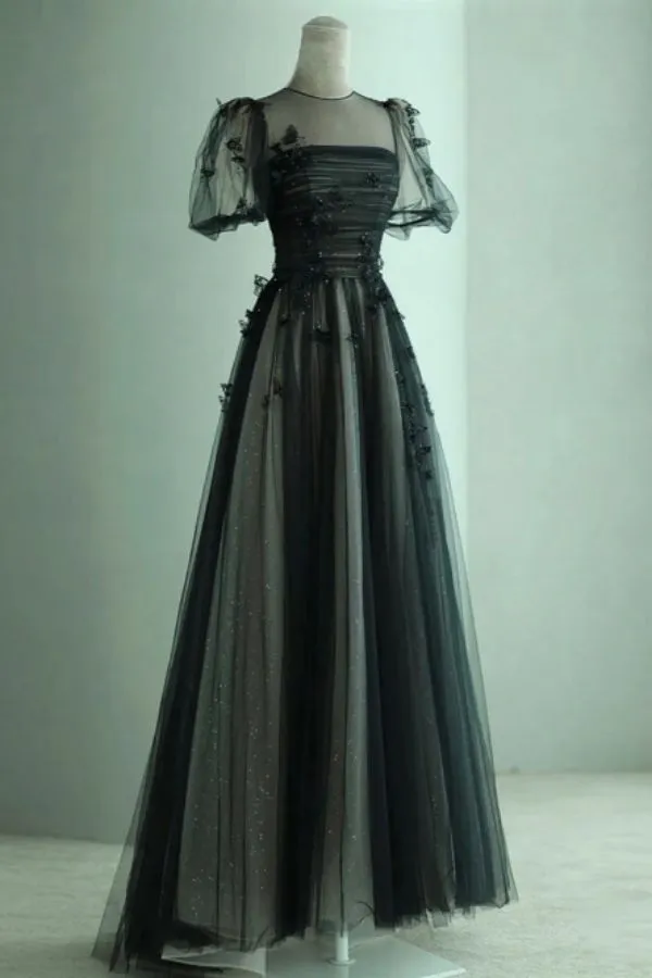 A Line Black Puff Sleeves Tulle Long Prom Dress, Black Formal Evening Dress Y7334