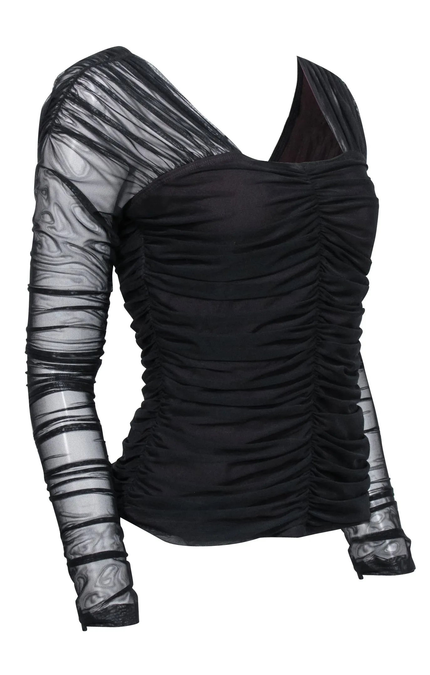A.L.C. - Black Ruched Long Sleeve Mesh Top Sz L