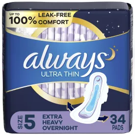 Always Ultra Thin Overnight Pads with Wings, Size 5, Extra Heavy Overnight Absorbency, 34 Count