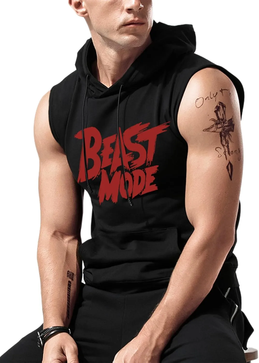 Amussiar Men's Workout Hooded Tank Tops Sleeveless Gym Training Hoodies Bodybuilding Muscle Cut Off T Shirt