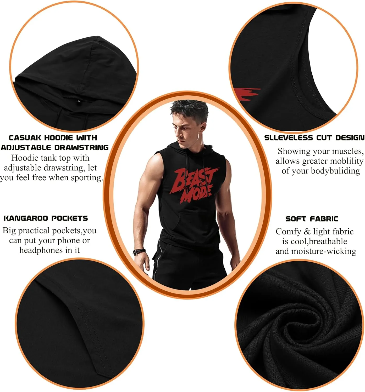 Amussiar Men's Workout Hooded Tank Tops Sleeveless Gym Training Hoodies Bodybuilding Muscle Cut Off T Shirt