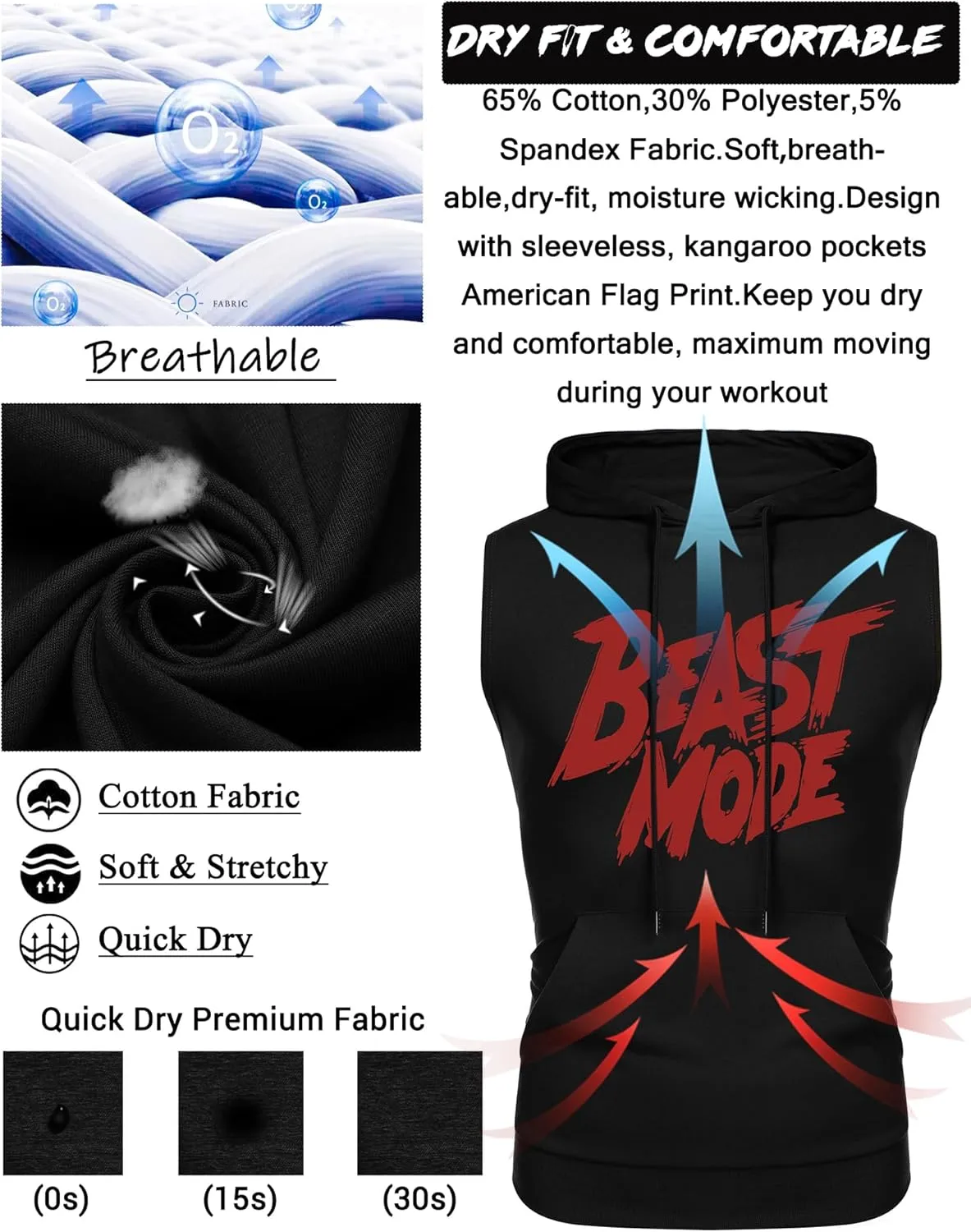 Amussiar Men's Workout Hooded Tank Tops Sleeveless Gym Training Hoodies Bodybuilding Muscle Cut Off T Shirt