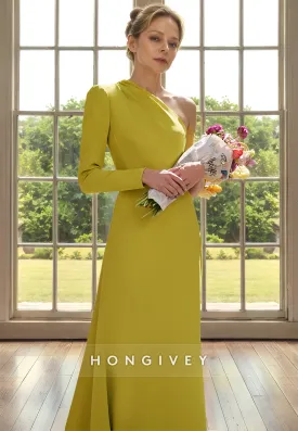 Chic A-Line One Shoulder Long Sleeves With Sweep Train Cocktail Evening Dress