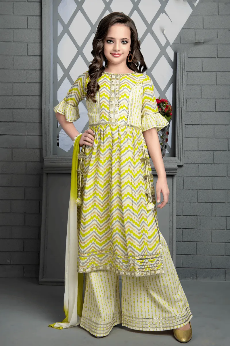 Cream with Multicolor Printed, Zari, Thread and Sequins work Palazzo Suit Set for Girls