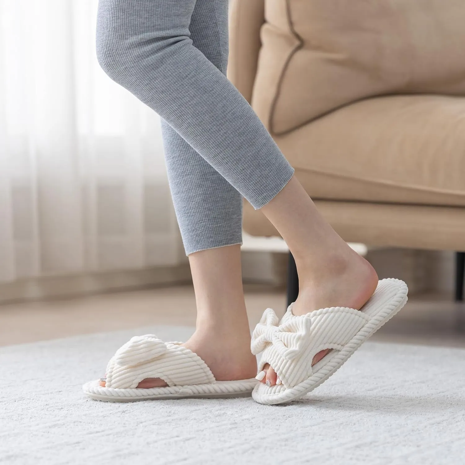 Cute Slippers for Women Indoor and Outdoor Cozy Soft Bow Open Toe Womens Slippers with Memory Foam Anti-Skid Sole Slides Spa Birthday Gifts for Women Mom Her Ladies Bridesmaid