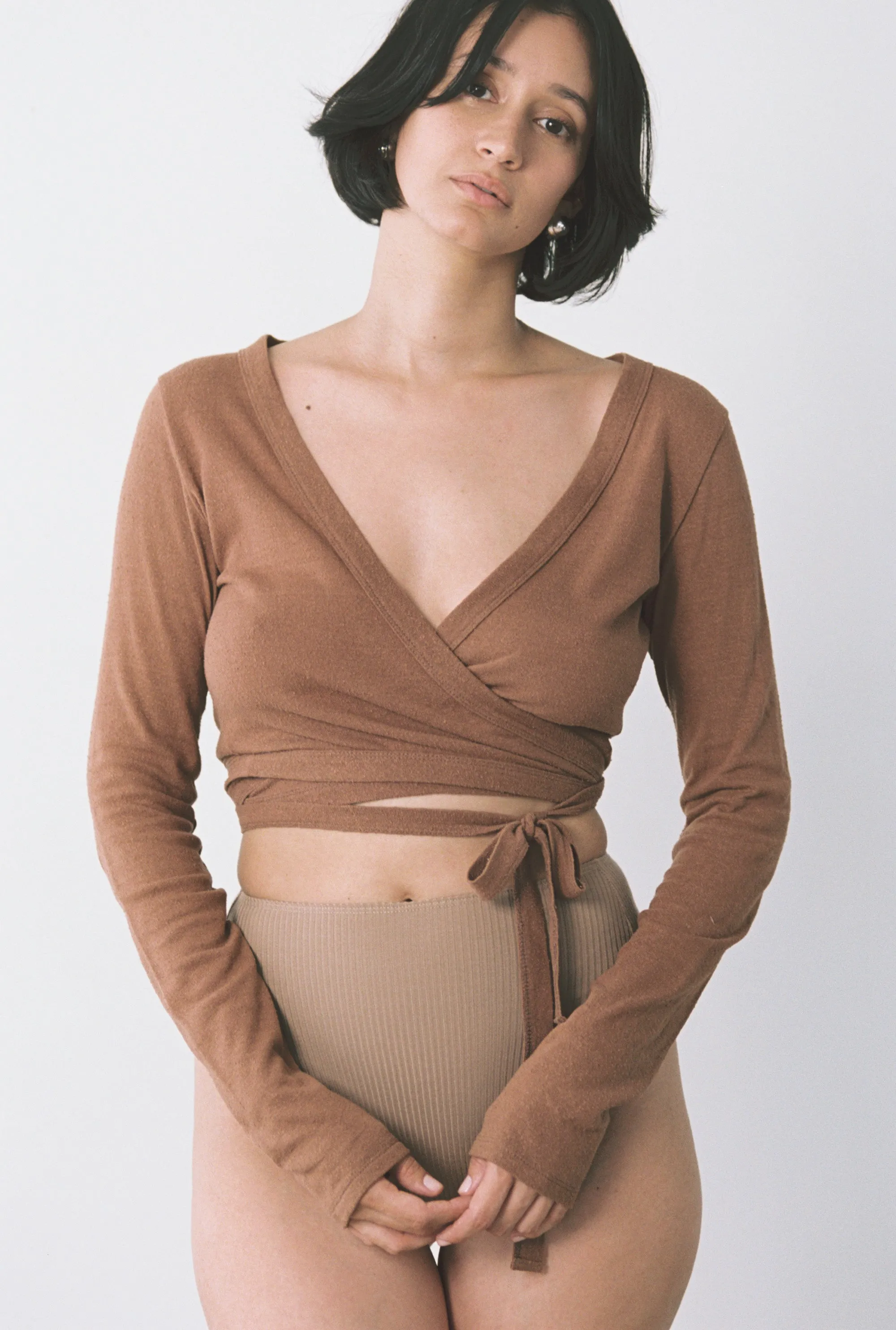 Dance Wrap Top, Regen Silk Noil Jersey, Terracotta