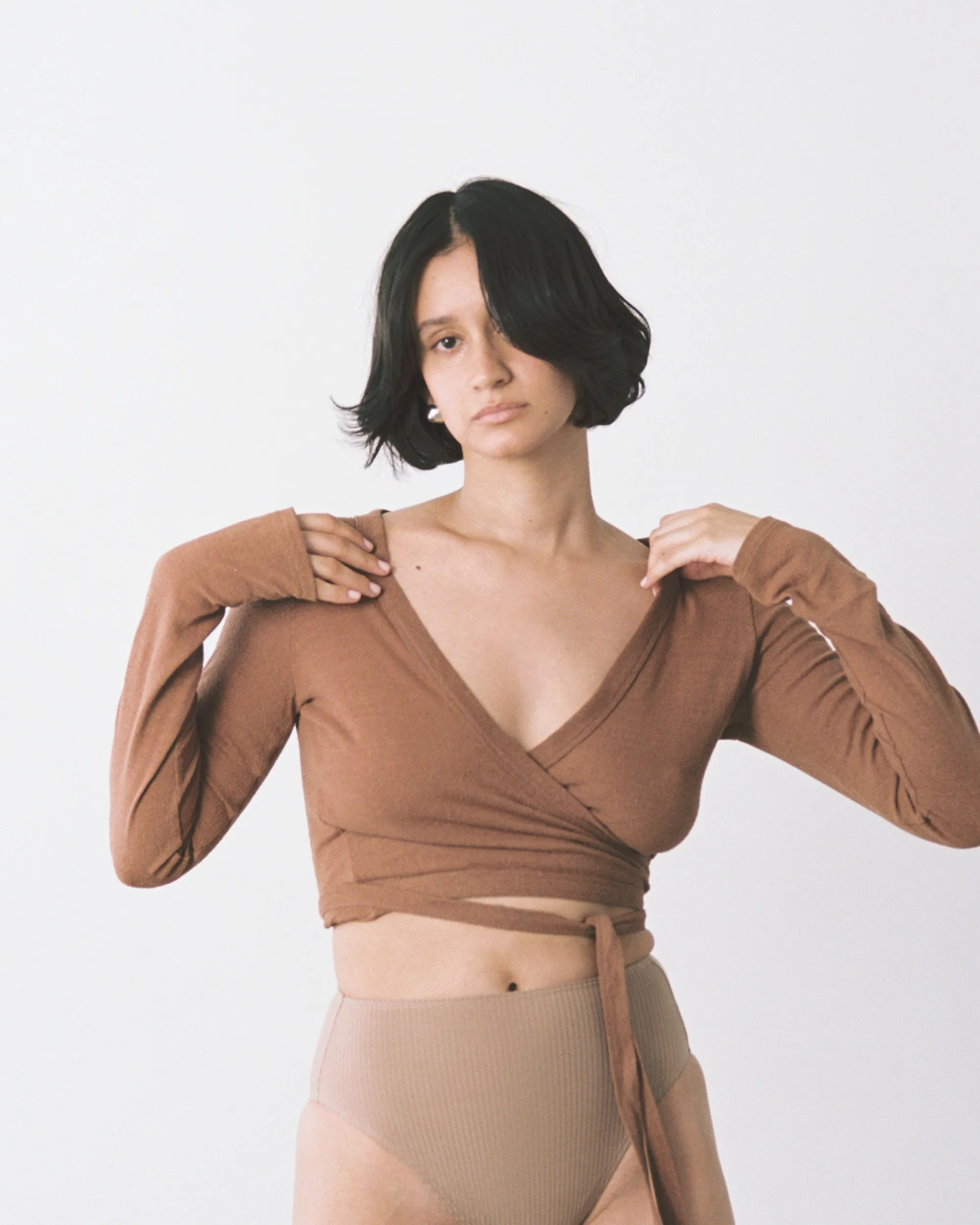 Dance Wrap Top, Regen Silk Noil Jersey, Terracotta