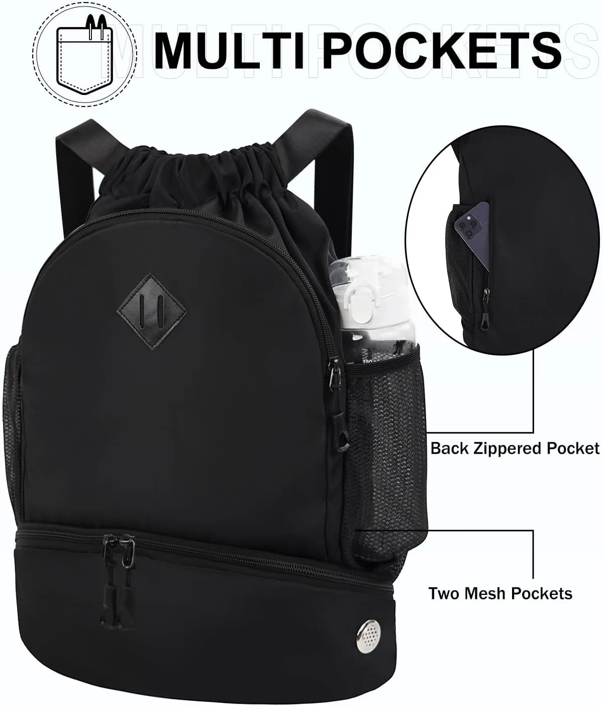 Drawstring Backpack Gym Backpack with Shoe Compartment for Men Women String Sports Bag with Wet Pocket Cinch Swim Beach Bag, Black (Patent Pending)