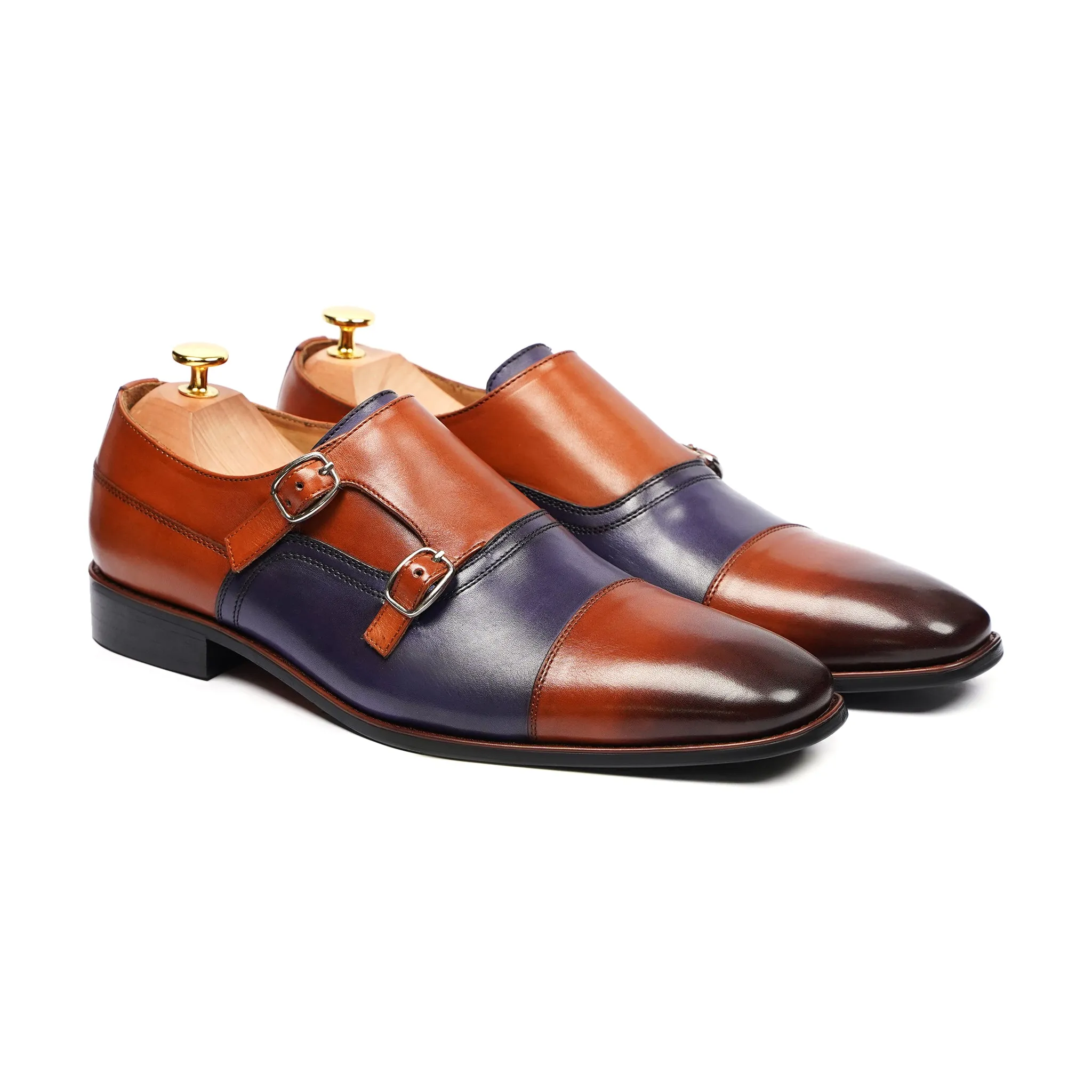 Gilbert - Men's Blue and Tan Calf Leather Double Monkstrap