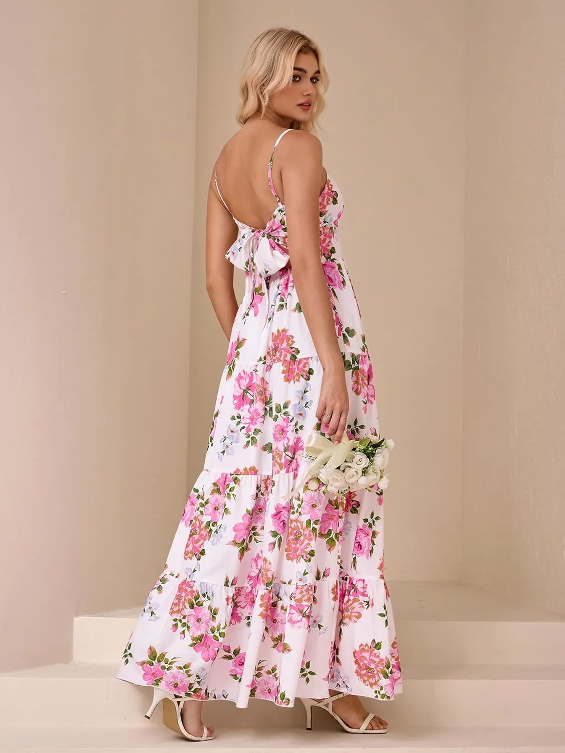 HTZMO Women Casual Summer Floral Maxi Sundress V Neck Spaghetti Strap Bow Tie Backless Flowy Boho Beach Long Dress 2025
