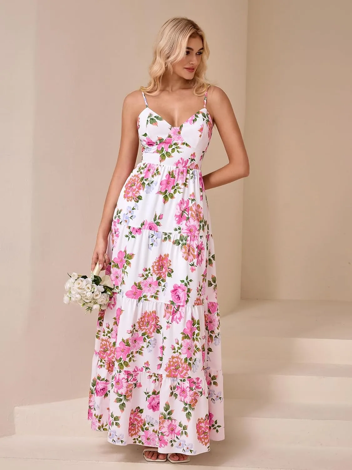 HTZMO Women Casual Summer Floral Maxi Sundress V Neck Spaghetti Strap Bow Tie Backless Flowy Boho Beach Long Dress 2025
