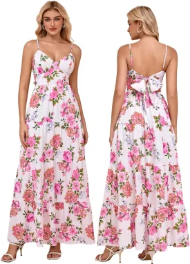 HTZMO Women Casual Summer Floral Maxi Sundress V Neck Spaghetti Strap Bow Tie Backless Flowy Boho Beach Long Dress 2025