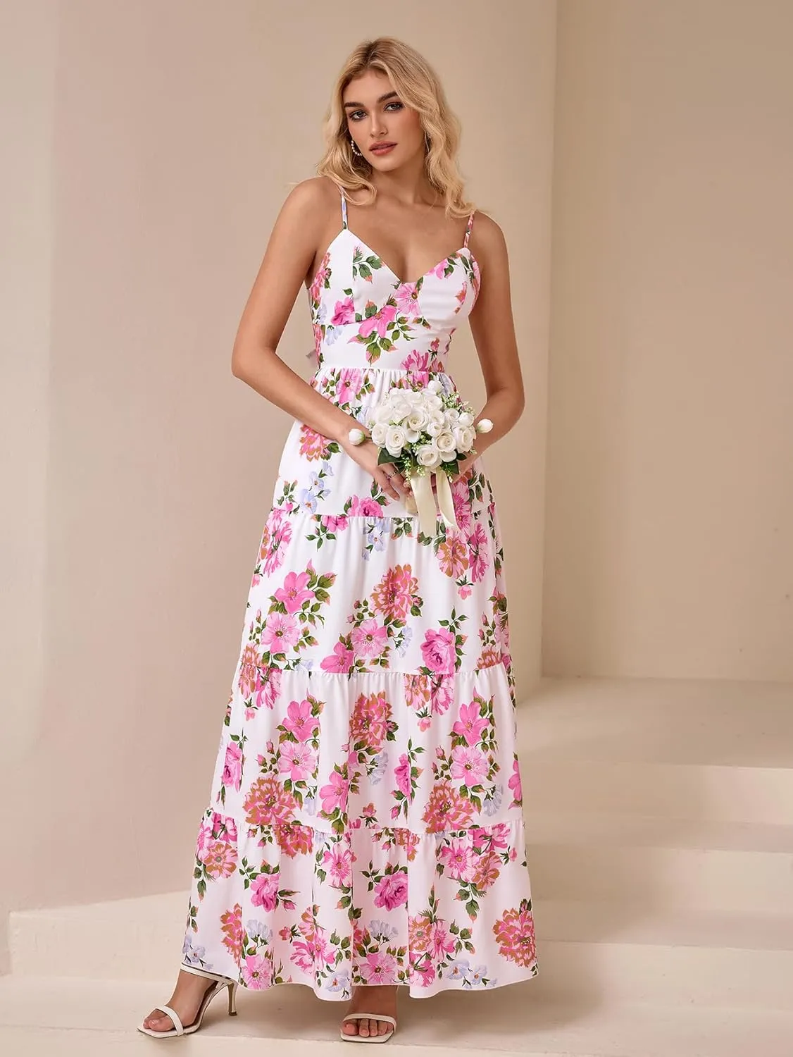 HTZMO Women Casual Summer Floral Maxi Sundress V Neck Spaghetti Strap Bow Tie Backless Flowy Boho Beach Long Dress 2025