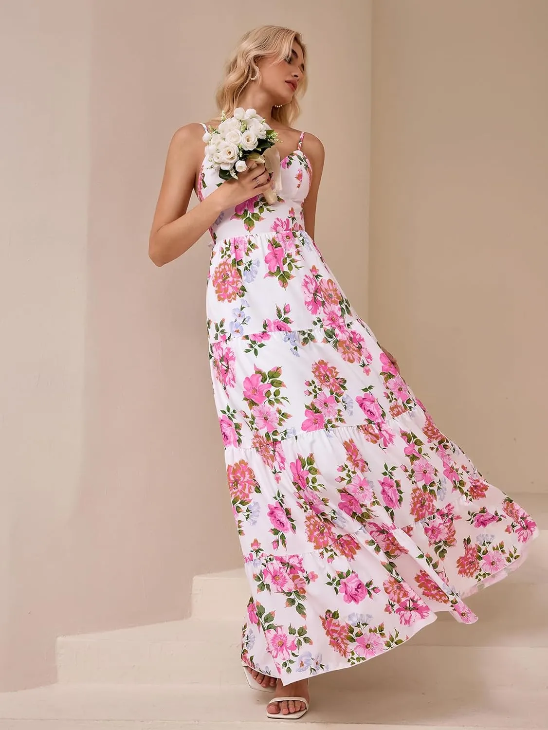 HTZMO Women Casual Summer Floral Maxi Sundress V Neck Spaghetti Strap Bow Tie Backless Flowy Boho Beach Long Dress 2025