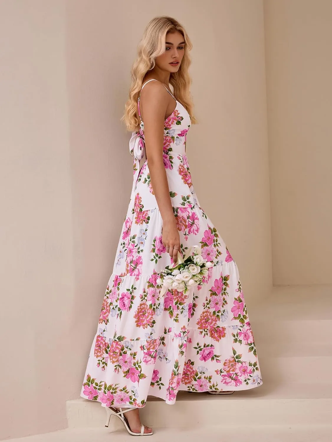 HTZMO Women Casual Summer Floral Maxi Sundress V Neck Spaghetti Strap Bow Tie Backless Flowy Boho Beach Long Dress 2025