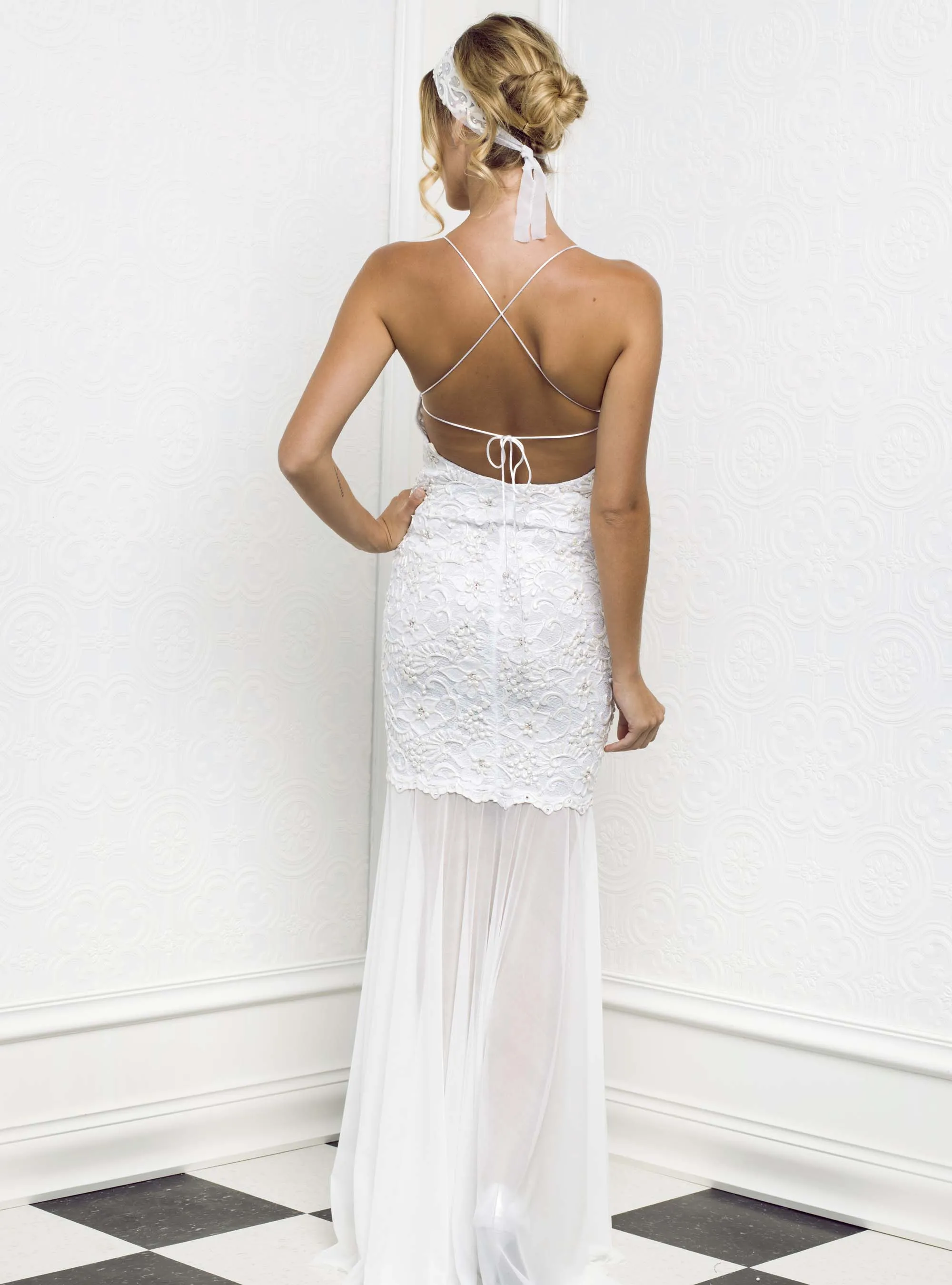 Magda White Stretch Lace Handpainted Gowns - Long Dress