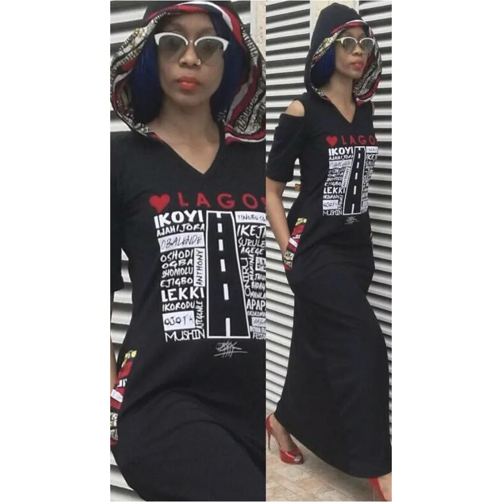MAXI LOVE LAGOS HOODED DRESS, ANKARA DETAIL