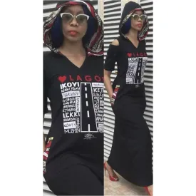 MAXI LOVE LAGOS HOODED DRESS, ANKARA DETAIL