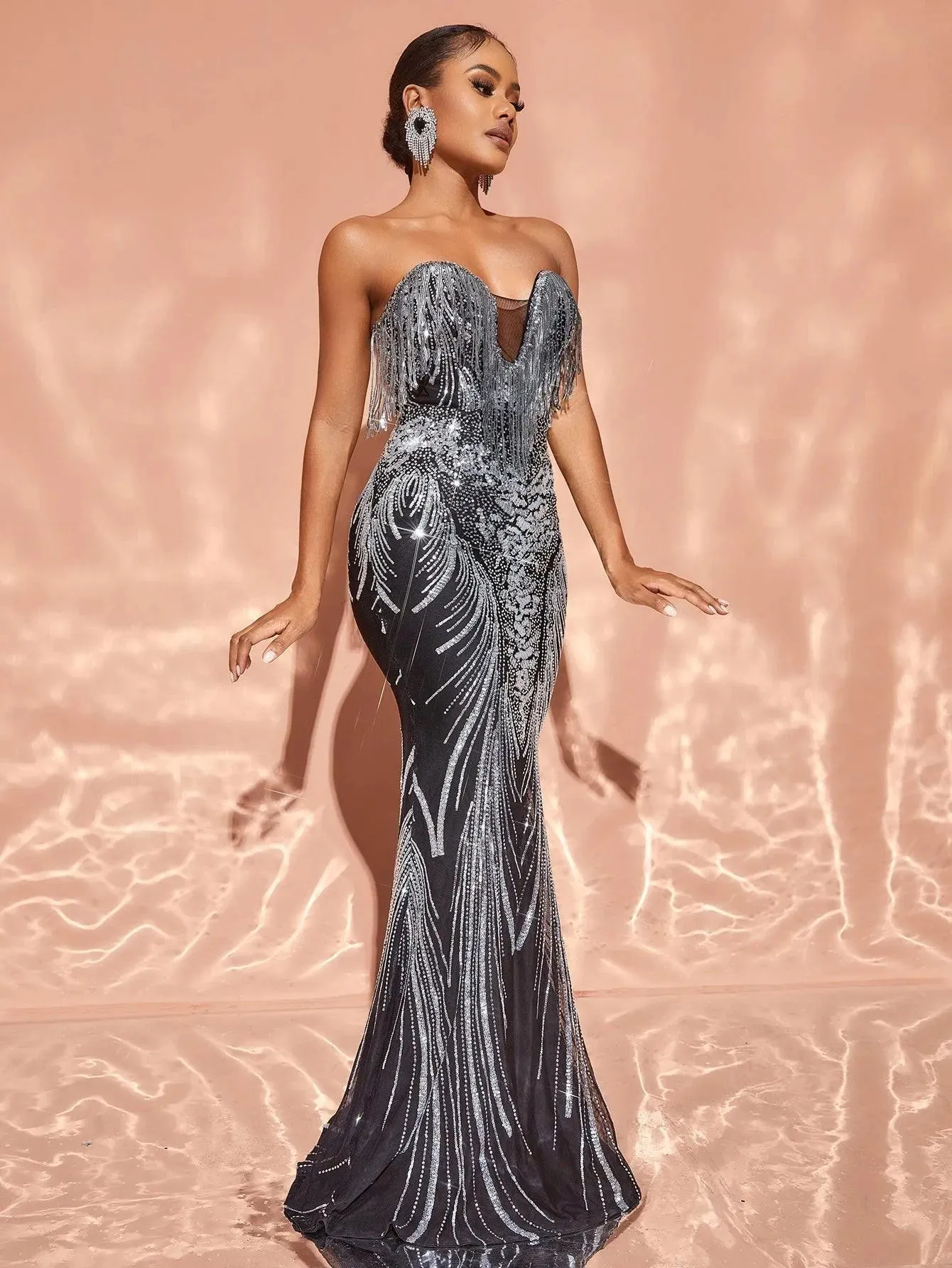 Mermaid Hem Fringed Sequin Tube Dress