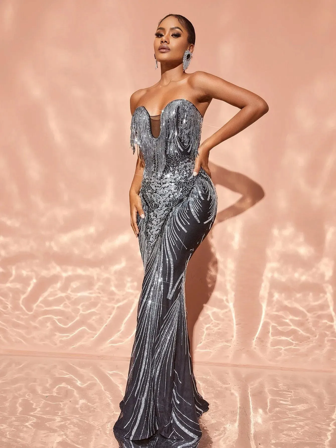 Mermaid Hem Fringed Sequin Tube Dress