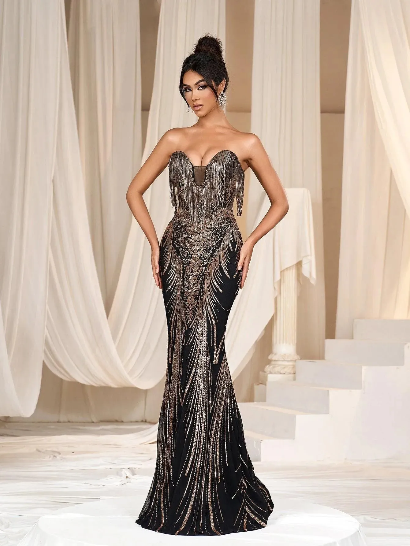 Mermaid Hem Fringed Sequin Tube Dress