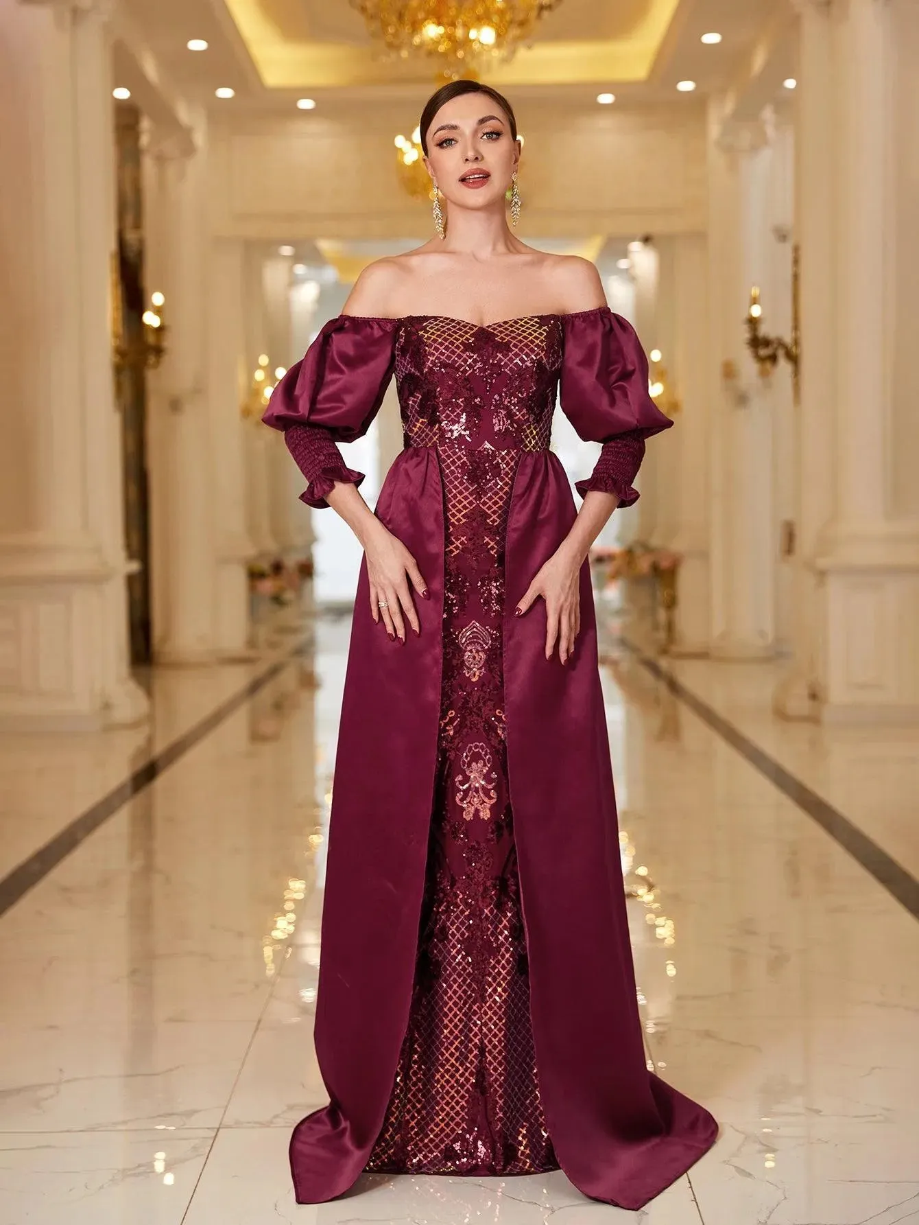 Off Shoulder Gigot Sleeves Sequin Prom Dress