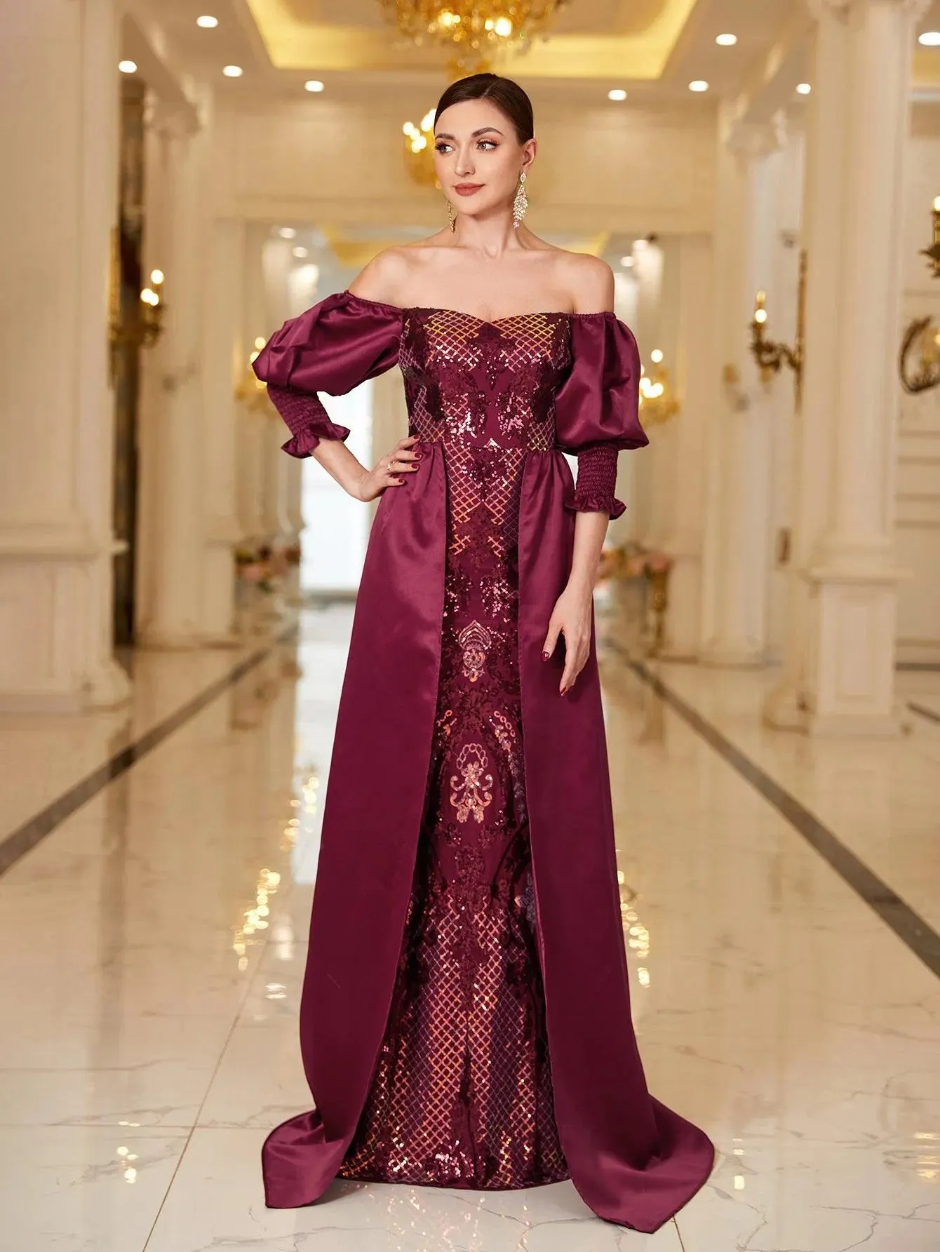 Off Shoulder Gigot Sleeves Sequin Prom Dress