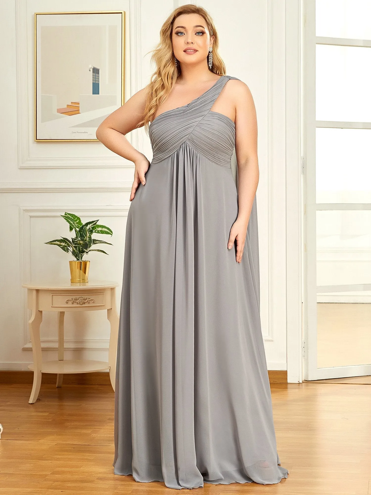 One Shoulder Chiffon Ruffles Plus Size Long Evening Dresses