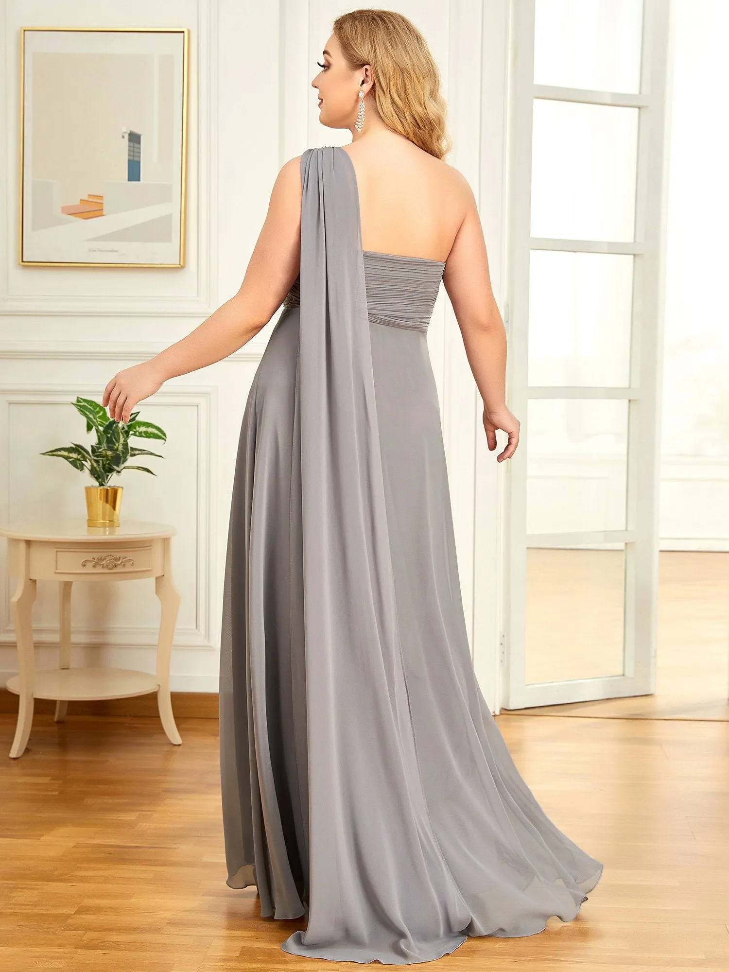 One Shoulder Chiffon Ruffles Plus Size Long Evening Dresses