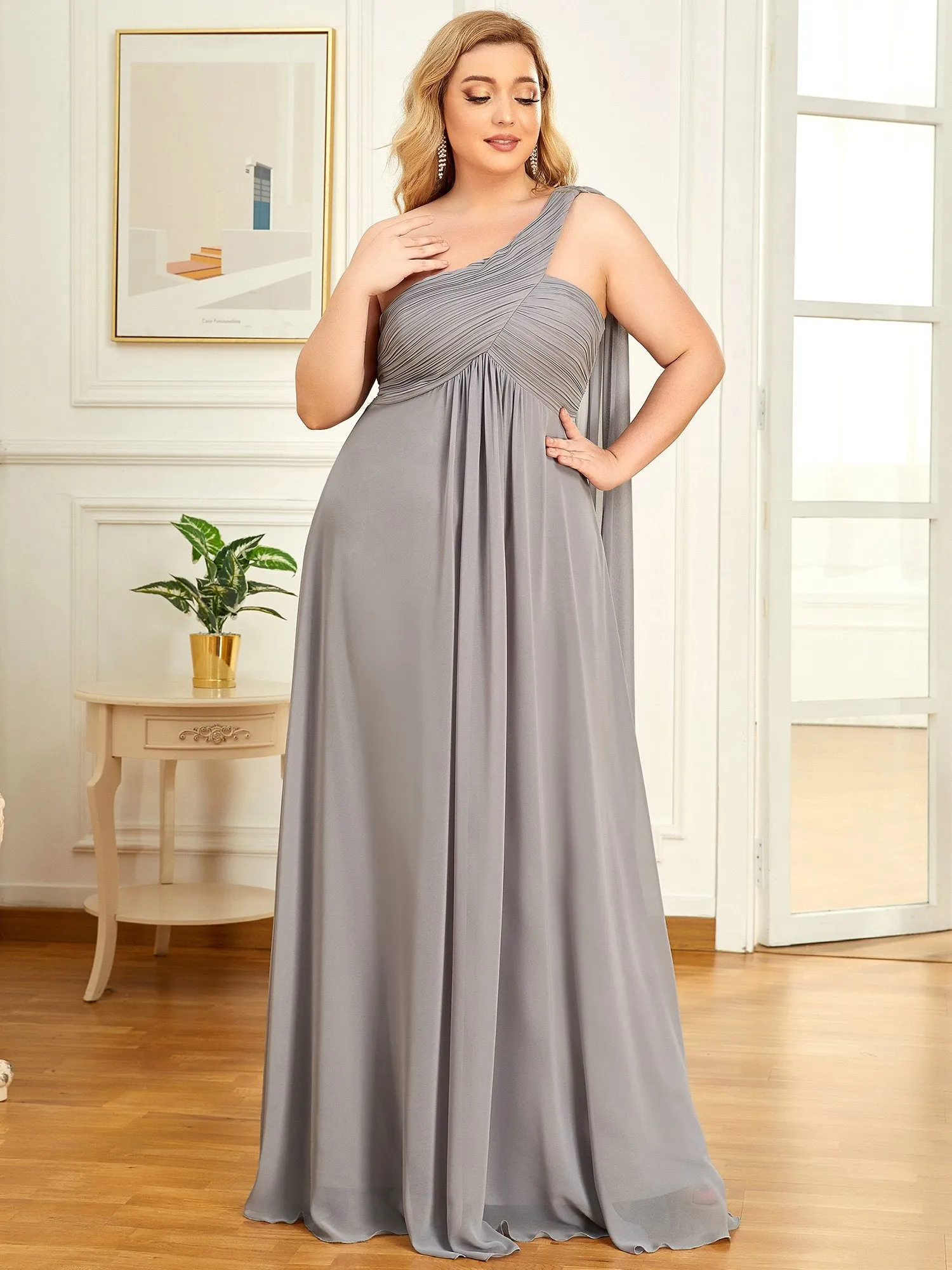 One Shoulder Chiffon Ruffles Plus Size Long Evening Dresses