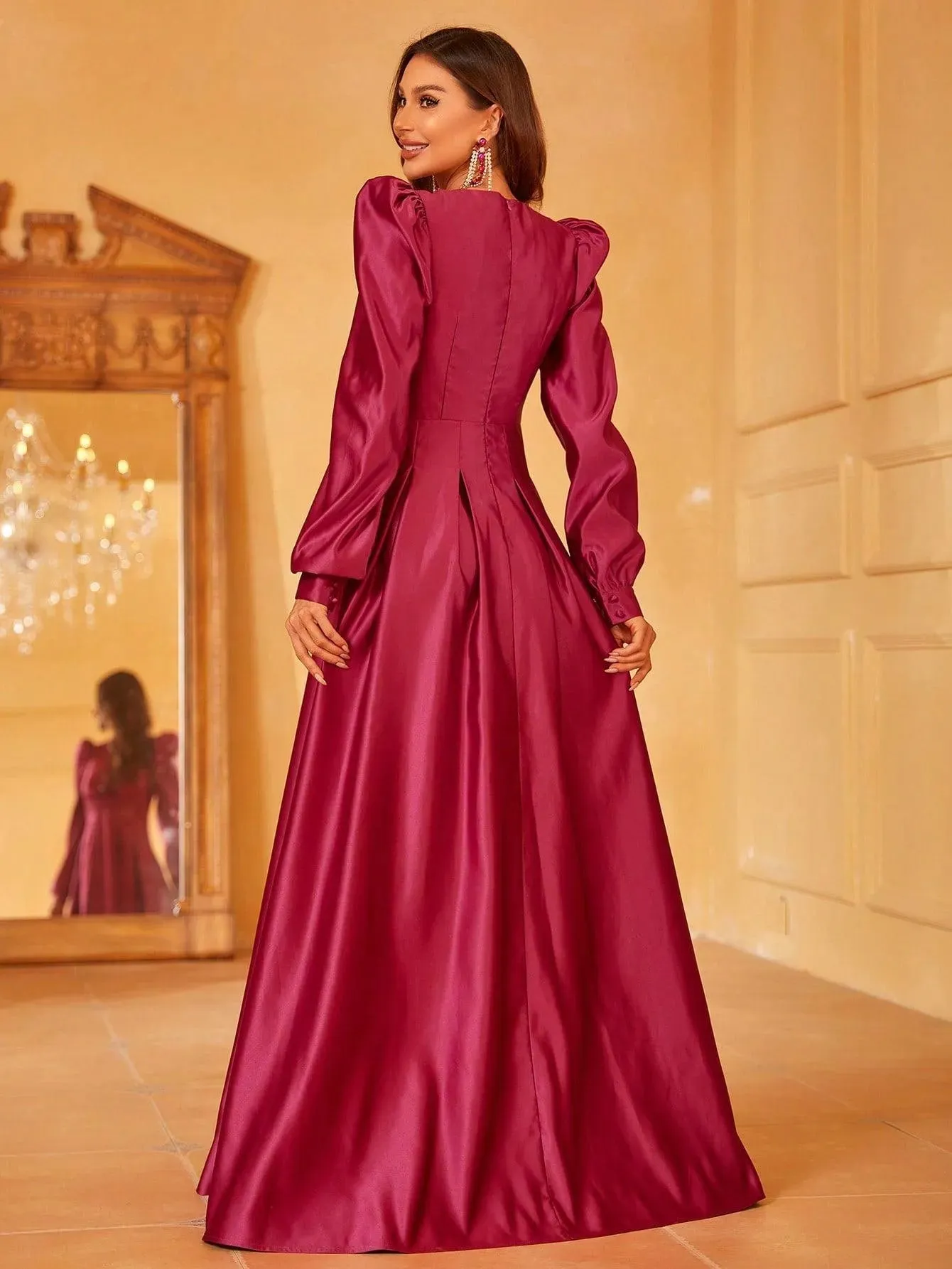 Plunging Neck Gigot Sleeve Satin A Line Dress
