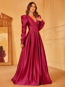 Plunging Neck Gigot Sleeve Satin A Line Dress