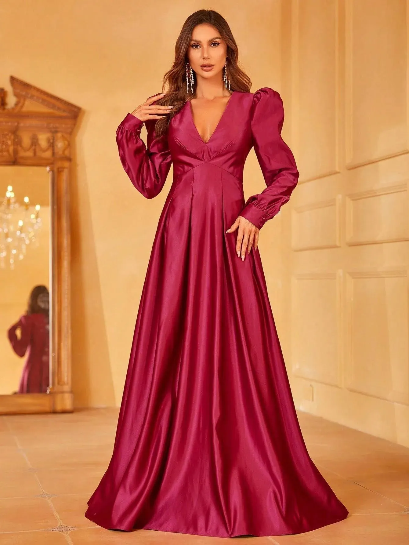 Plunging Neck Gigot Sleeve Satin A Line Dress
