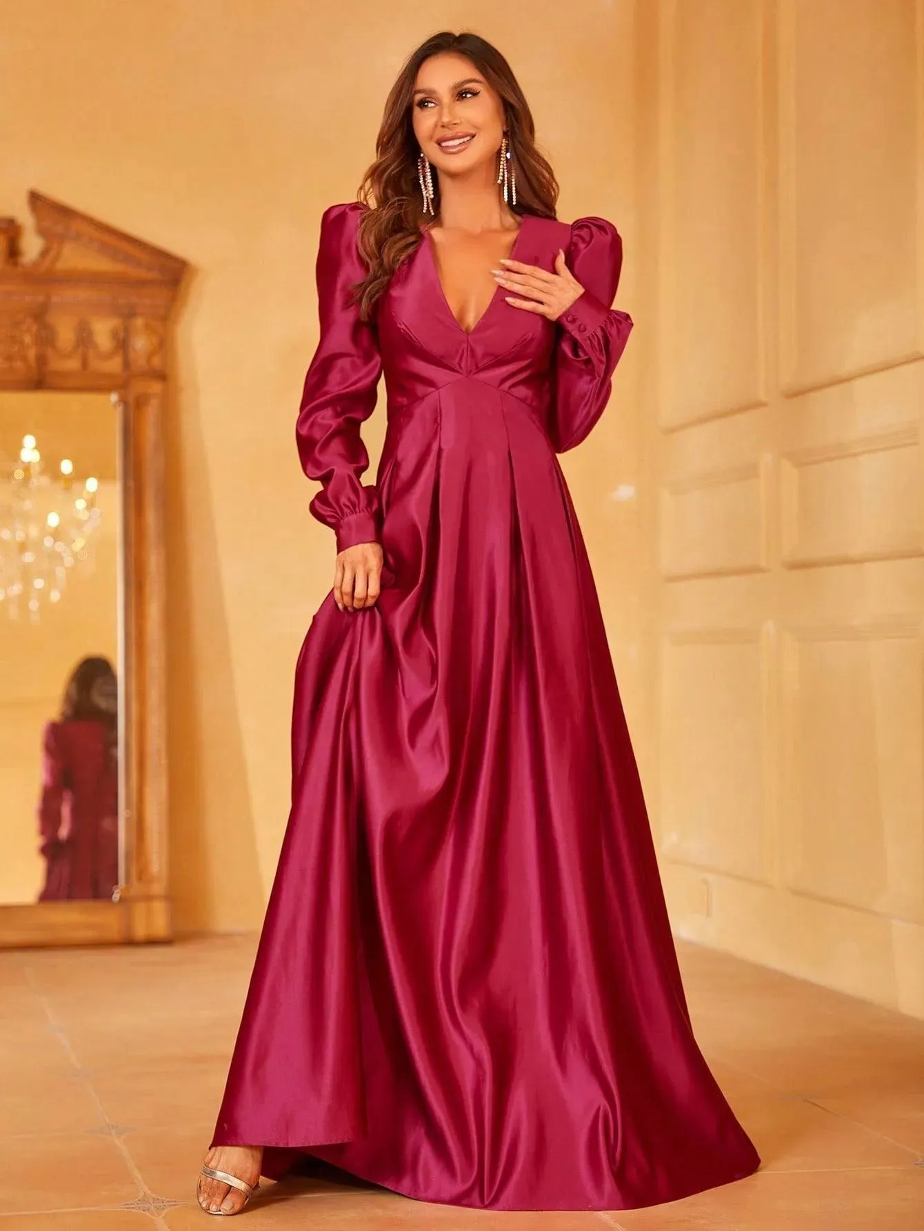 Plunging Neck Gigot Sleeve Satin A Line Dress