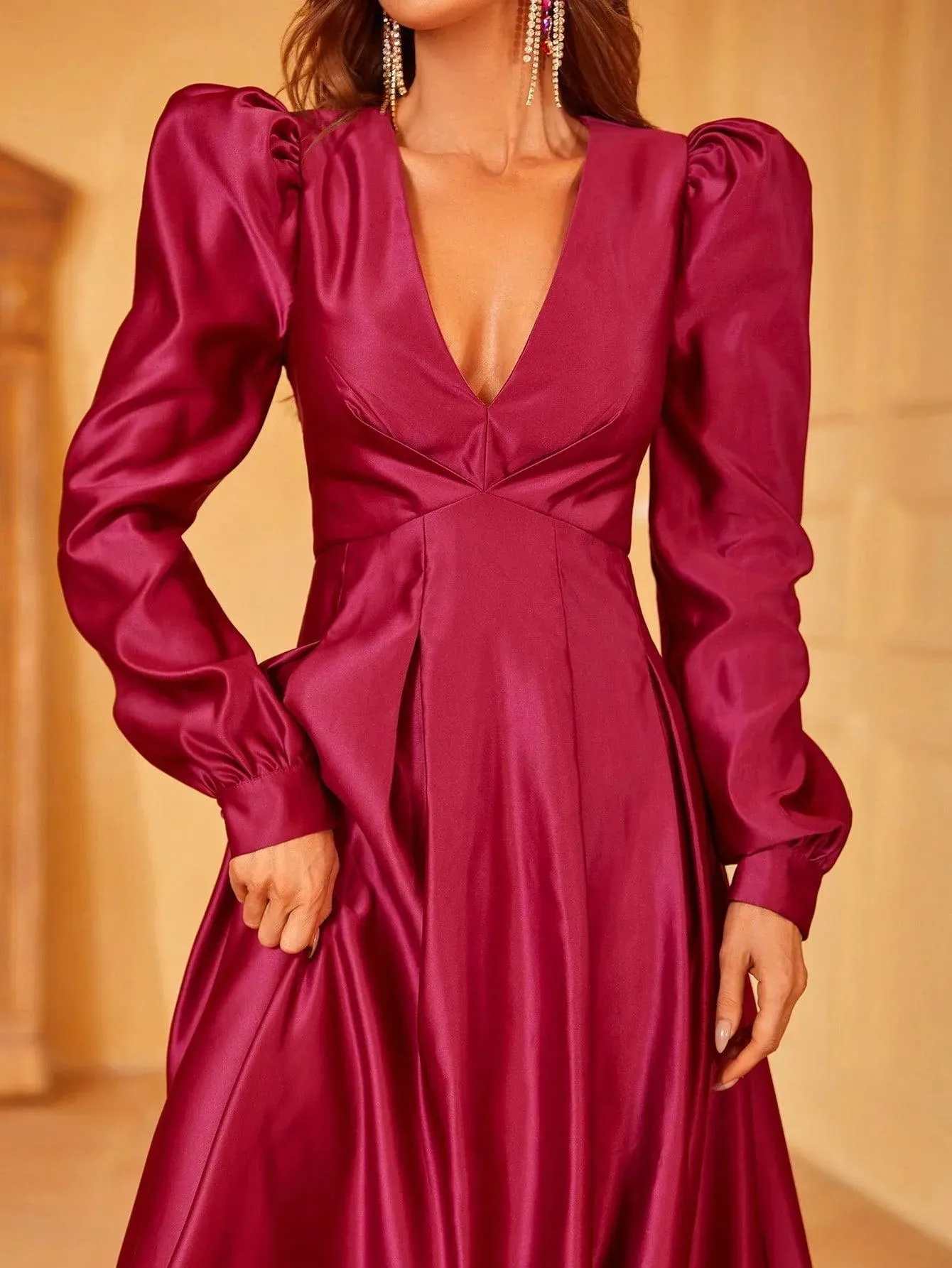 Plunging Neck Gigot Sleeve Satin A Line Dress