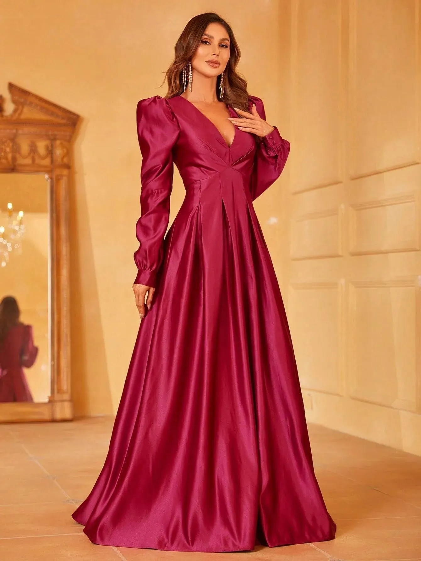 Plunging Neck Gigot Sleeve Satin A Line Dress