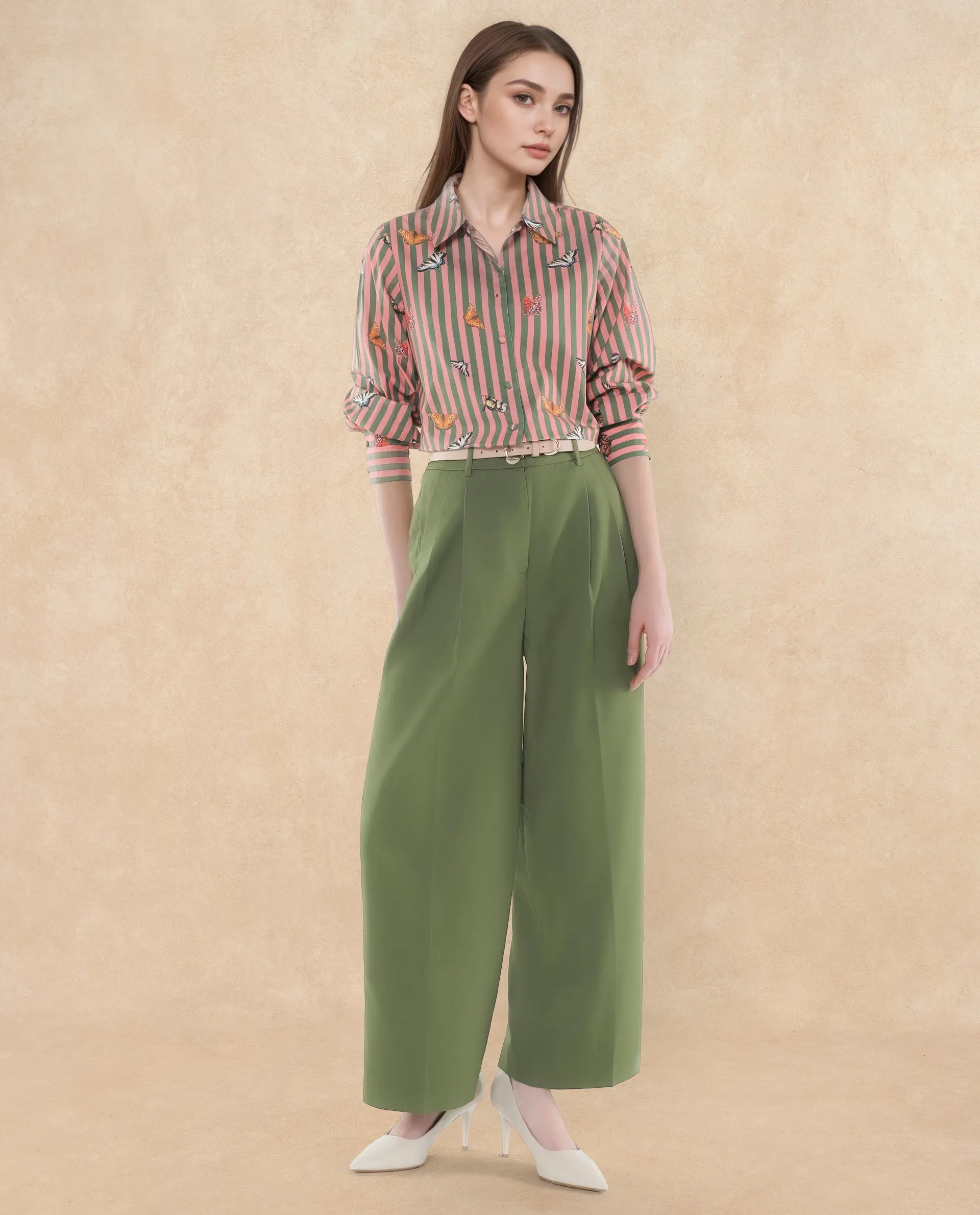Rareism Women Sarin Olive Poly Viscose Fabric Button Closure Wide Fit Ankle Length Plain Trouser