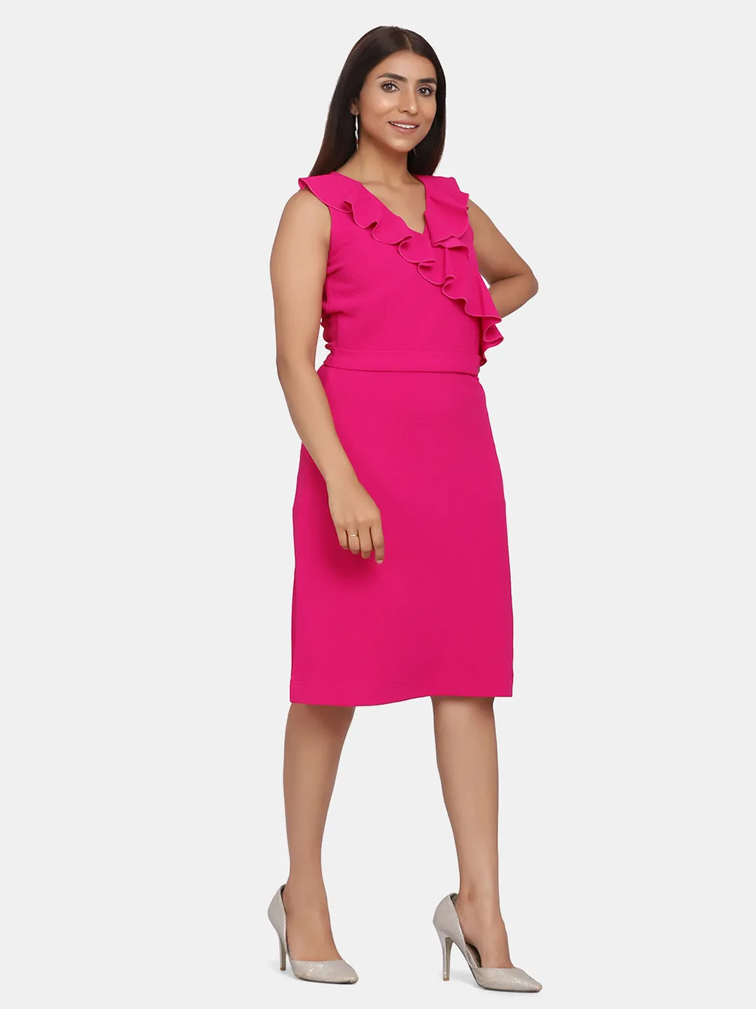 Ruffle Neckline Evening Formal Dress - Fuchsia