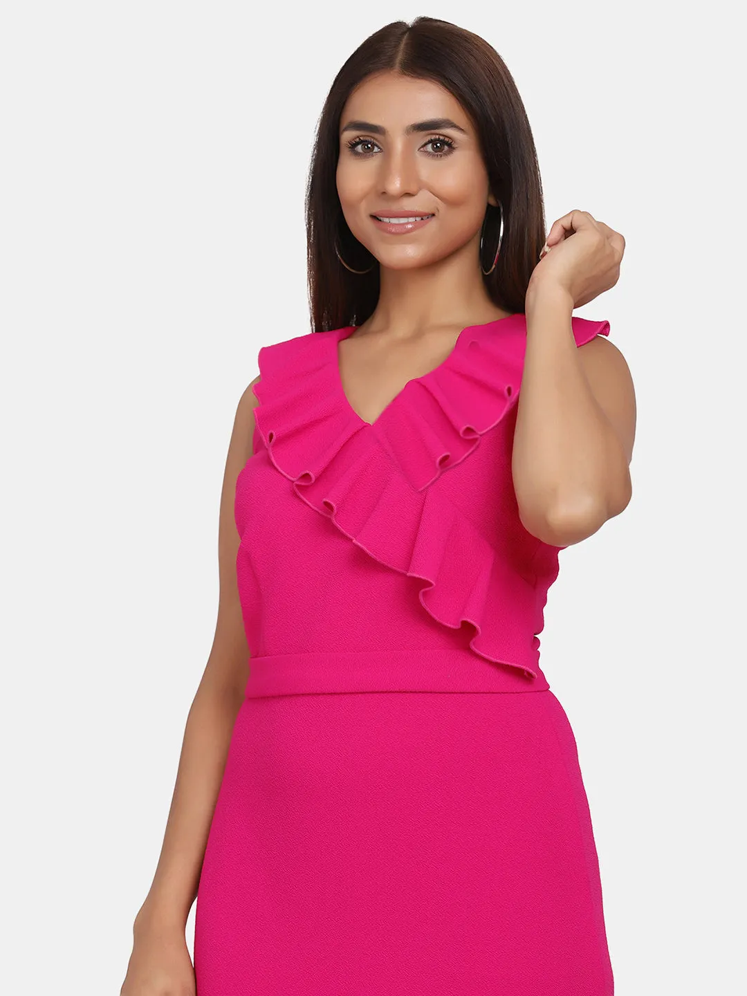 Ruffle Neckline Evening Formal Dress - Fuchsia