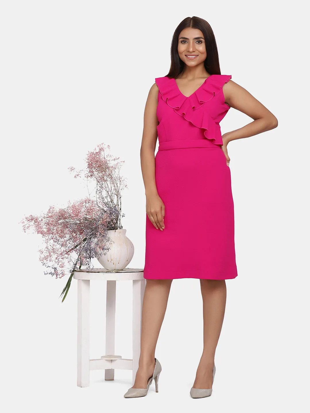 Ruffle Neckline Evening Formal Dress - Fuchsia