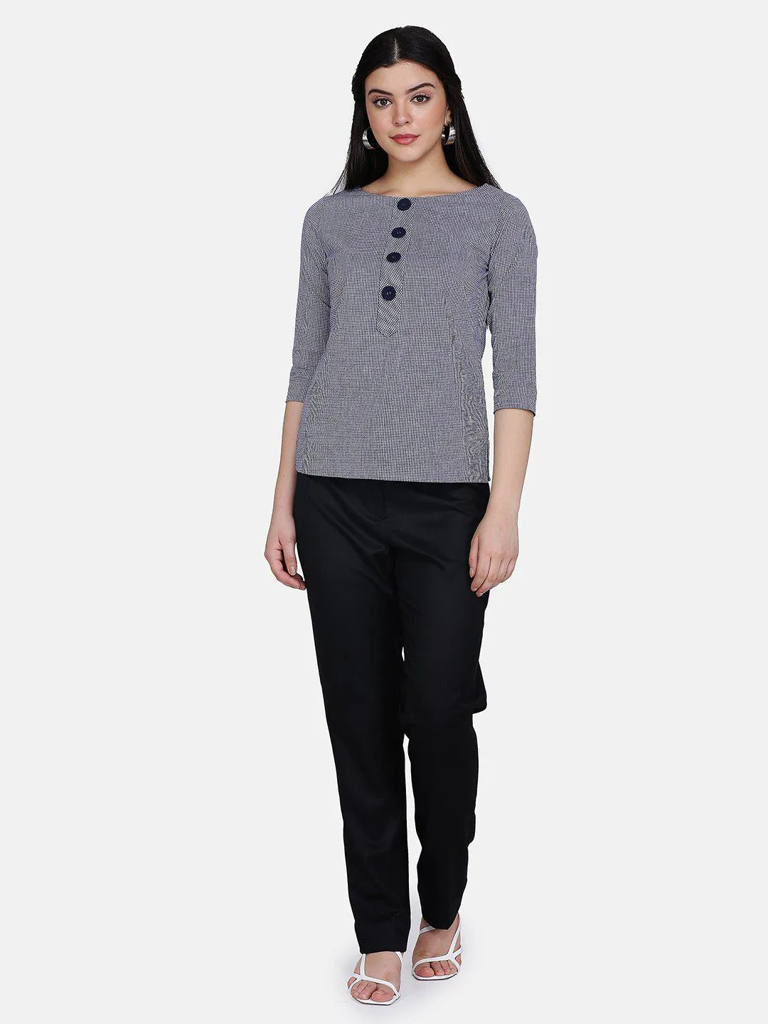 Shepherd's Check Cotton Top - Navy Blue