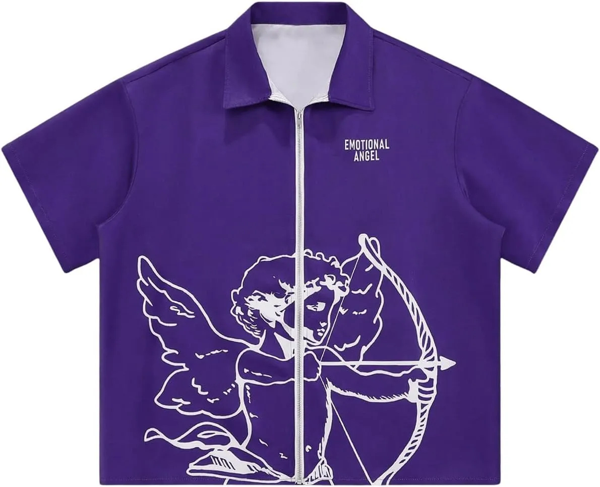 SOLY HUX Men's Summer Zip Up Graphic Tees Short Sleeve Hawaiian Tshirts Lapel Collar Tops