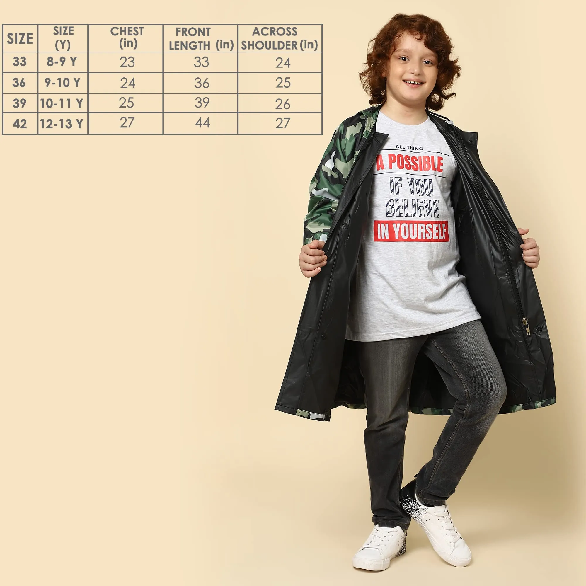 THE CLOWNFISH Cannon Series Kids Waterproof Nylon Double Coating Reversible Longcoat with Hood and Reflector Logo at Back. Printed Plastic Pouch. Kid Age-9-10 years (Green Camo)