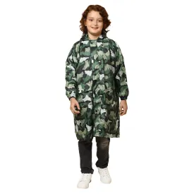 THE CLOWNFISH Cannon Series Kids Waterproof Nylon Double Coating Reversible Longcoat with Hood and Reflector Logo at Back. Printed Plastic Pouch. Kid Age-9-10 years (Green Camo)