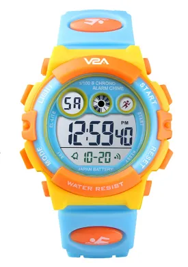 V2A Digital 5ATM Waterproof Kids Sports Watch with 7 Color Backlight Alarm Stopwatch for Boys and Girls (Yellow Dial and Blue Colored Strap)