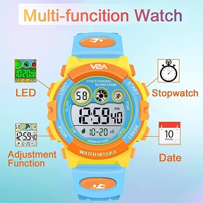 V2A Digital 5ATM Waterproof Kids Sports Watch with 7 Color Backlight Alarm Stopwatch for Boys and Girls (Yellow Dial and Blue Colored Strap)