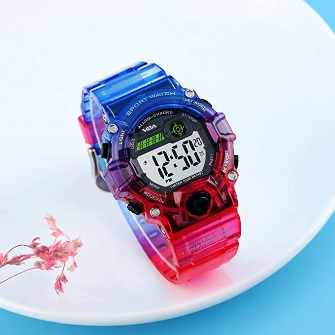 V2A Digital 5ATM Waterproof Kids Sports Watch with Backlight Alarm Stopwatch for Boys and Girls (White Dial with Red and Blue Colored Strap)