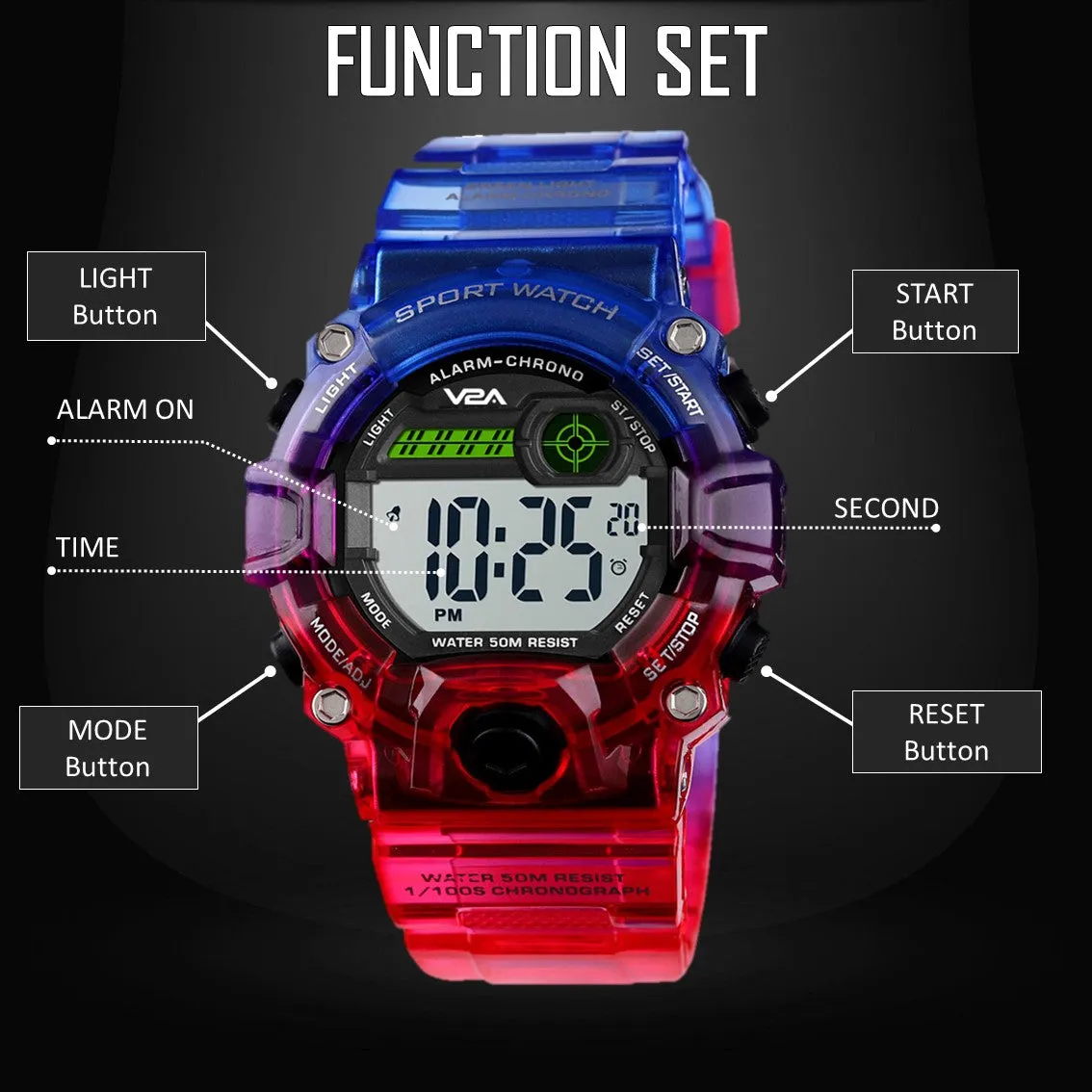 V2A Digital 5ATM Waterproof Kids Sports Watch with Backlight Alarm Stopwatch for Boys and Girls (White Dial with Red and Blue Colored Strap)