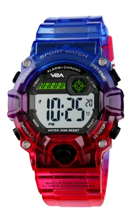 V2A Digital 5ATM Waterproof Kids Sports Watch with Backlight Alarm Stopwatch for Boys and Girls (White Dial with Red and Blue Colored Strap)